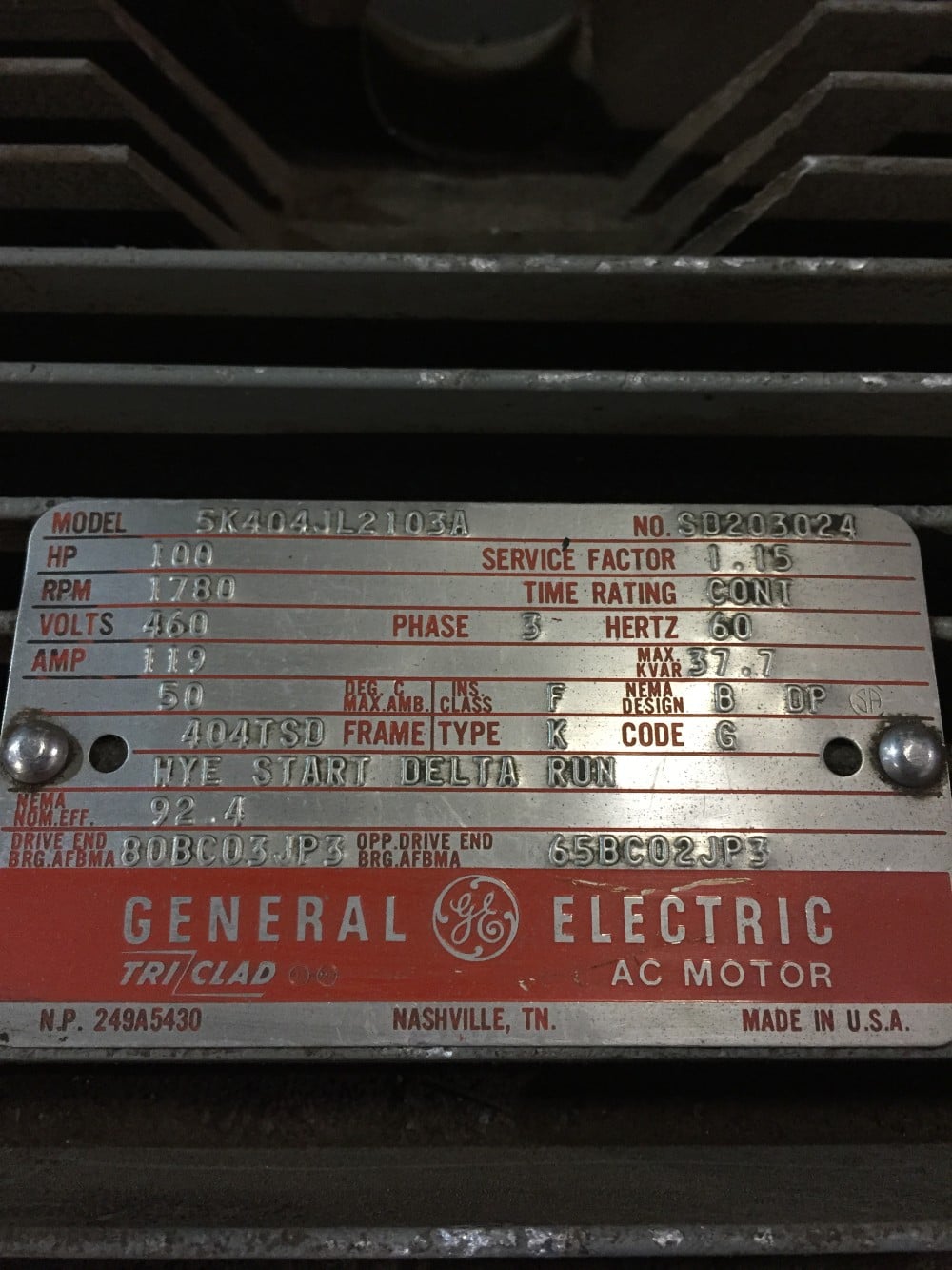 100 HP 1780 RPM General Electric, Frame 404TSD, WP597, 460 Volts - Image 2