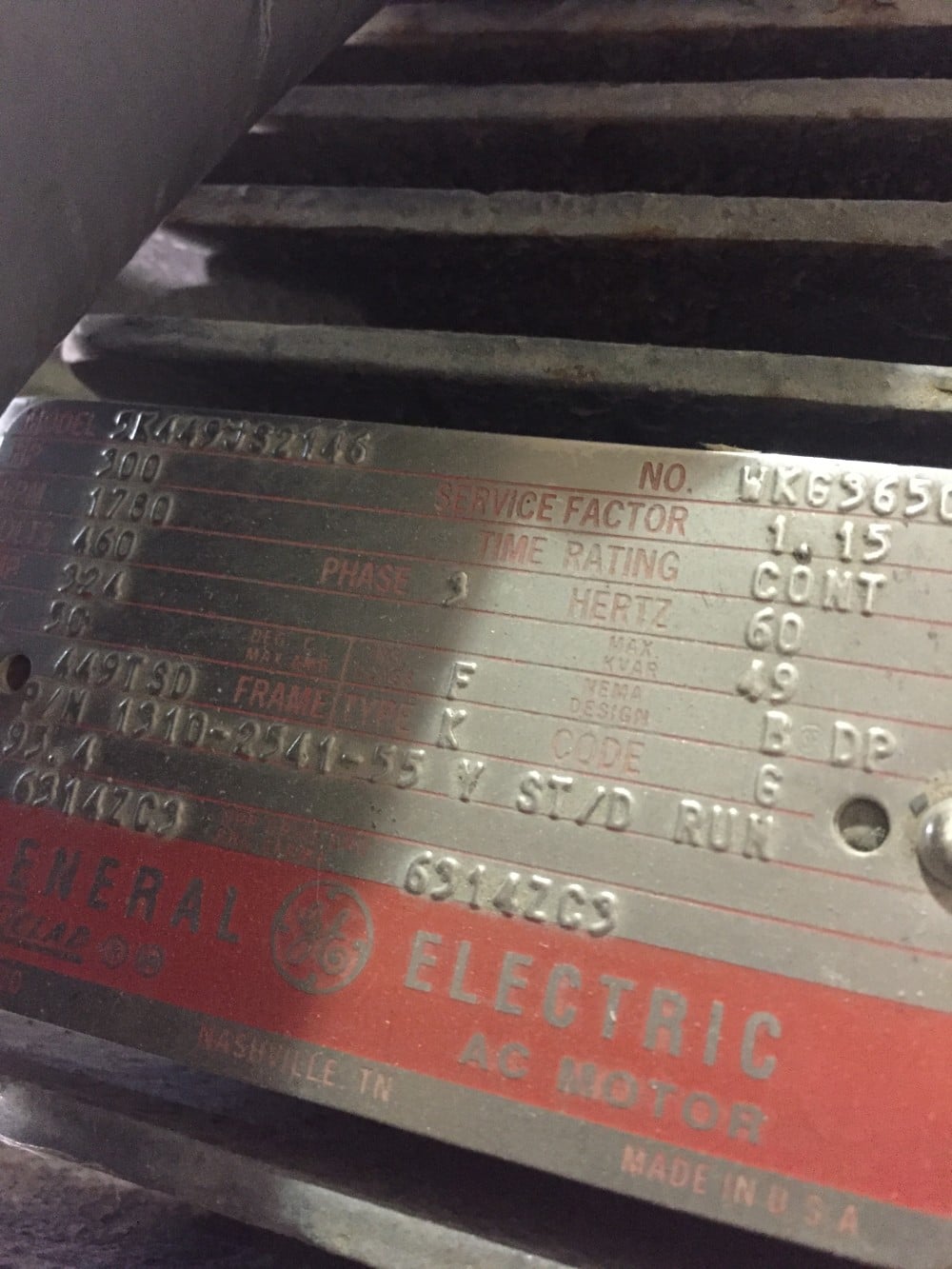 300 HP 1780 RPM General Electric, Frame 449TSD, 460 Volts WP934 - Image 2
