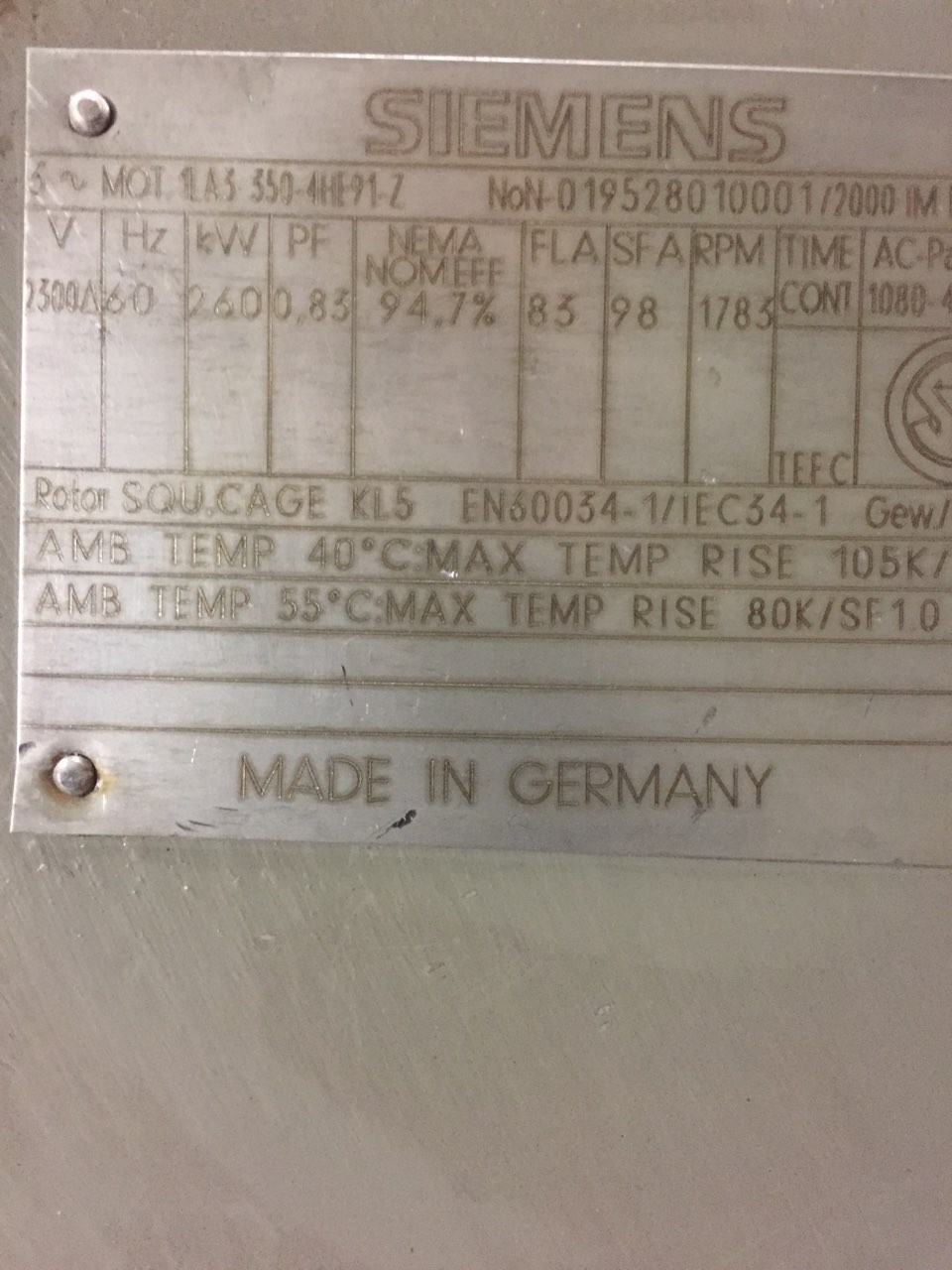 350 HP 1783 RPM Siemens, Frame 1LA3-350-4HE-91-Z, 2300 Volts 1080-4078-31, WP1047 - Image 2