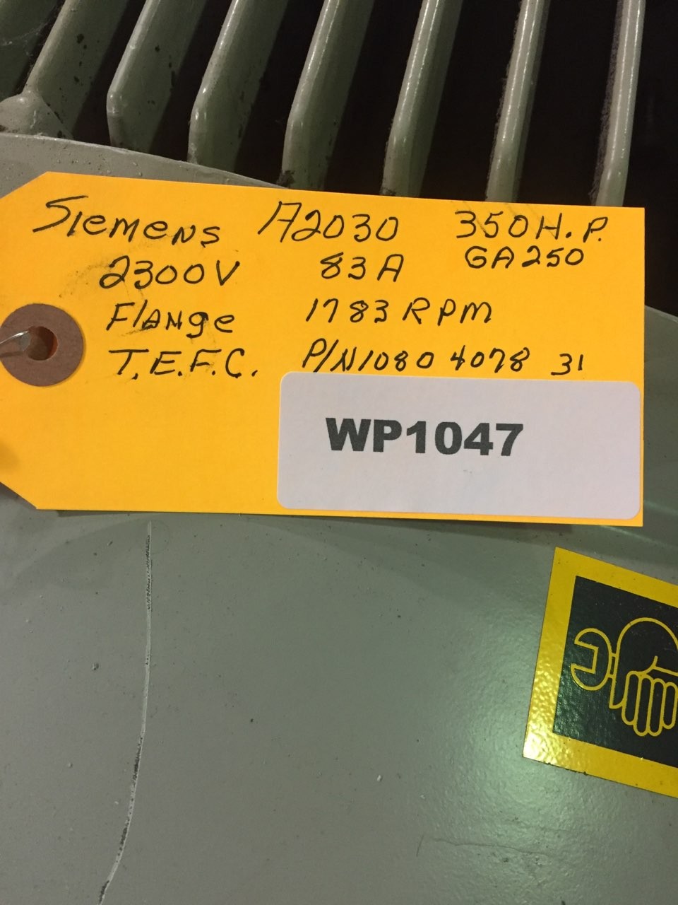 350 HP 1783 RPM Siemens, Frame 1LA3-350-4HE-91-Z, 2300 Volts 1080-4078-31, WP1047 - Image 3