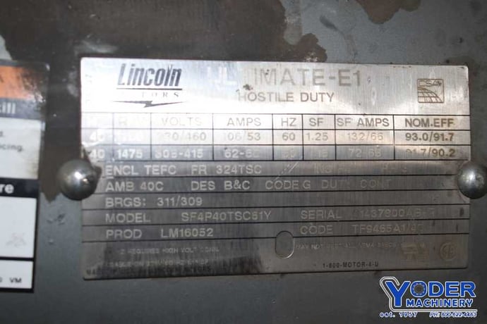 40 HP 1475/1780 RPM Lincoln SF4P40TSC61Y, continuous duty, 230/308/415/460 Volts, #76579 - Image 6