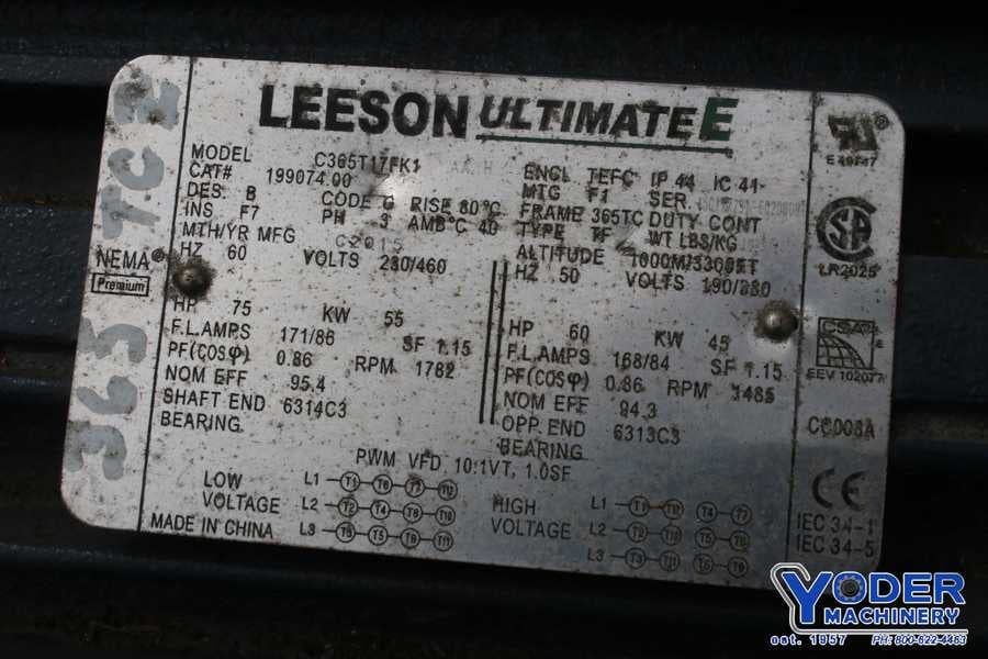 75 HP 1782 RPM Leeson C365T17FK1, Frame 365TC, TEFC, cont duty, 230/460 Volts, new, #76577 - Image 5