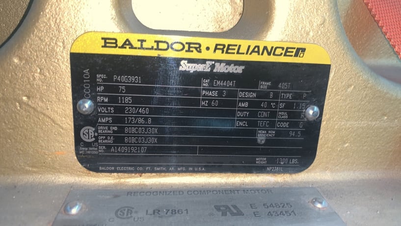 75 HP 1185 RPM Baldor-Reliance, Frame 405T, TEFC, 1.15 service factor, 460 Volts, New Surplus - Image 2