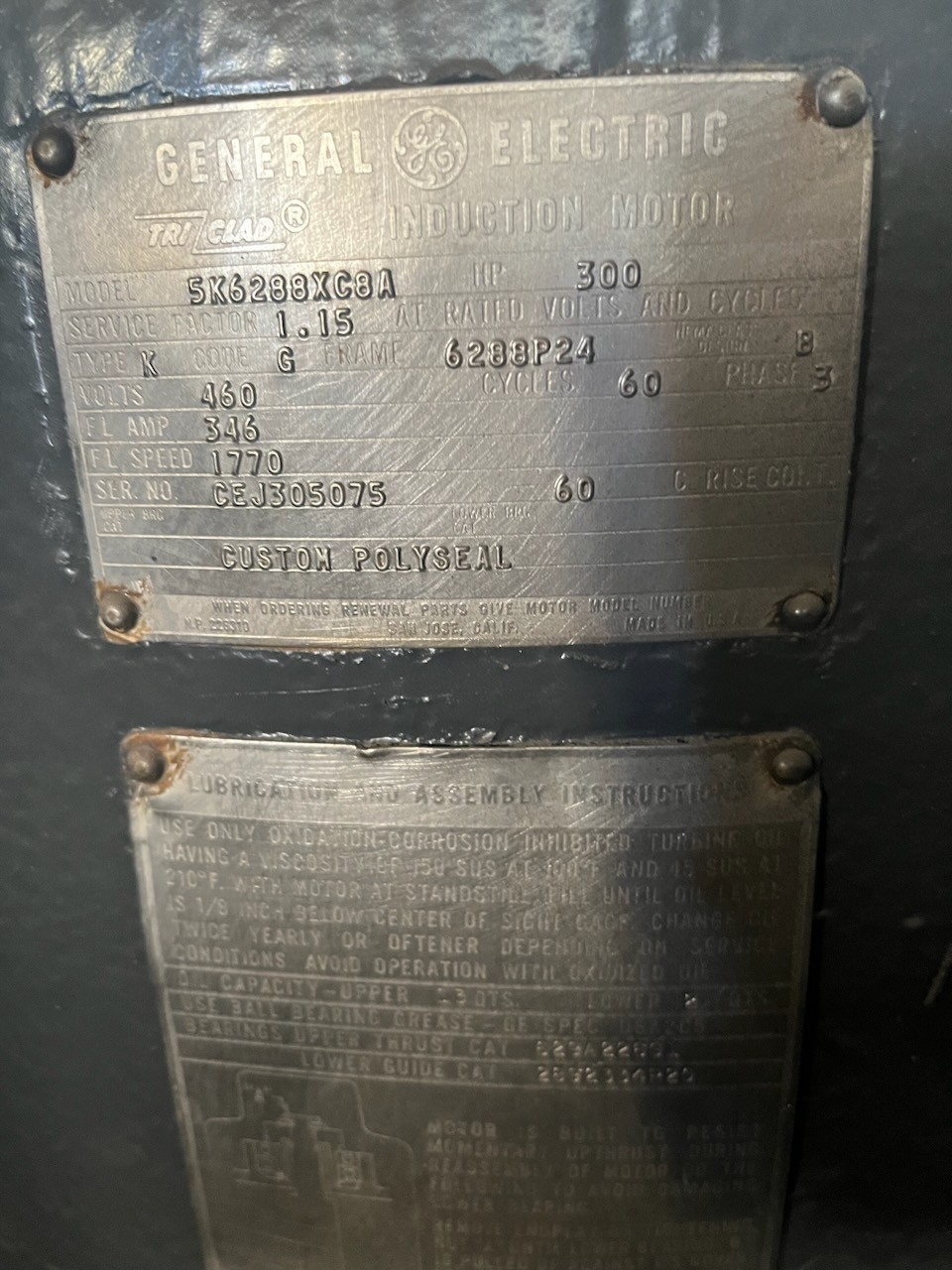 300 HP 1770 RPM General Electric, Frame 6288P24, VSS, vertical solid shaft, 460 Volts - Image 2