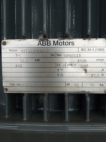 16 KW HP 3505 RPM ABB, Frame 160M, TEFC AC Metric Motor, 440 Volts - Image 1