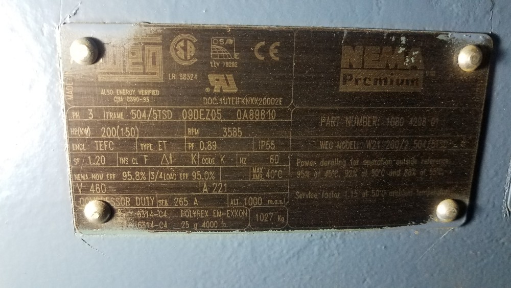 200 HP 3585 RPM WEG, Frame 504/5TSD, 460 Volts, 1080-4208-01 Atlas Copco, A-3326 - Image 4