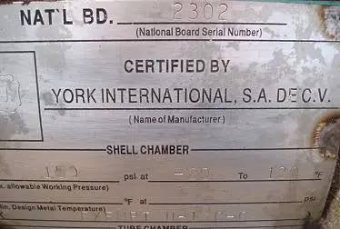 185 Ton, York, Chiller Barrel, R-22, 150 psi @ -20 to 120 deg F shell, 235 psi @ -20 to 150 deg F tube, 1993 - Image 10