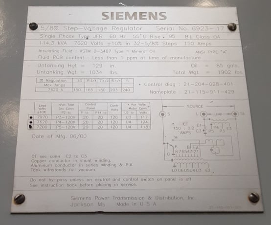 114.3 KVA Siemens/Allis-Chalmers, 150 amps, 7.2/7.6/8 kV (tapped at 7.2 kV) +/- 10% (32 x 5/8% steps), (5 - Image 2
