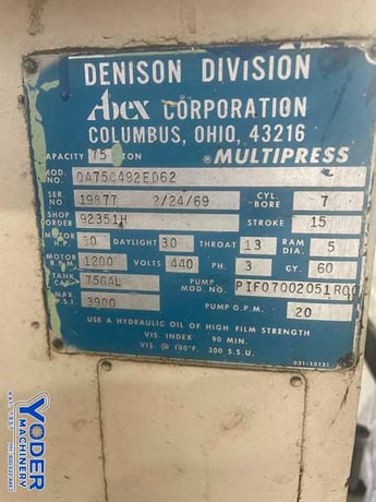 75 Ton, Denison #OA75C492ED62, hydraulic C-frame press, 15" stroke, 30" daylight, 13" throat, #76685 - Image 3