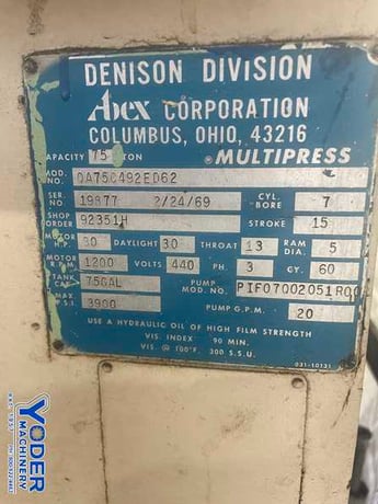 75 Ton, Denison #OA75C492ED62, hydraulic C-frame press, 15" stroke, 30" daylight, 13" throat, #76685 - Image 8