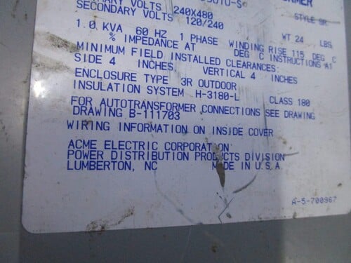 1 KVA Acme T-2-53010-S, single phase transformer, 1 Year Warranty - Image 4