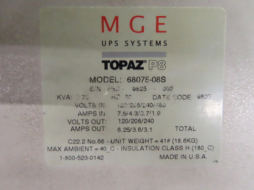 .7 KVA MGE 68075-08S, uninterruptible power supplies system, 120/480 Volts 7.5/432/1.9a 120/240 Volts out, 1 - Image 2