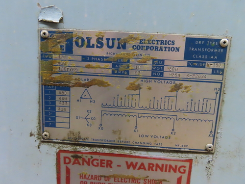 14 KVA 460 Primary, 120Y/69 Secondary, Olsun 9254 S-22634, transformer, 2 year warranty - Image 3