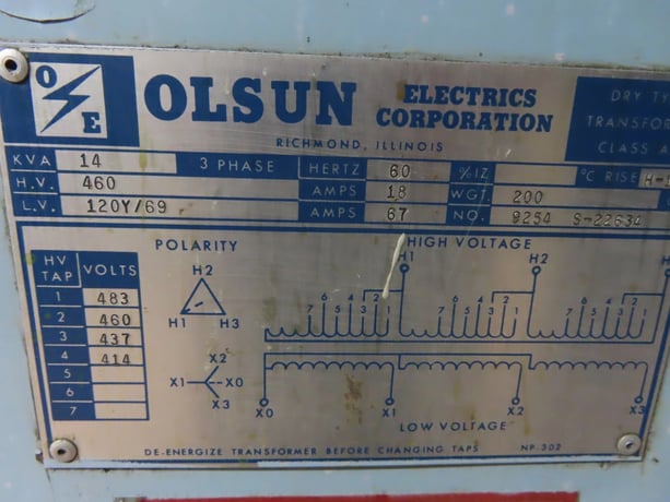 14 KVA 460 Primary, 120Y/69 Secondary, Olsun 9254 S-22634, transformer, 2 year warranty - Image 8