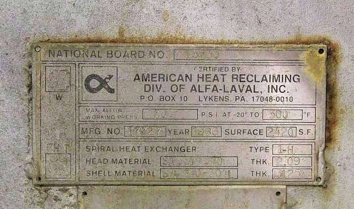 Spiral heat exchanger, Alfa-Laval #1-H, 70 psi @ -20 to 300&deg;F, serial #17727, 1986 - Image 7