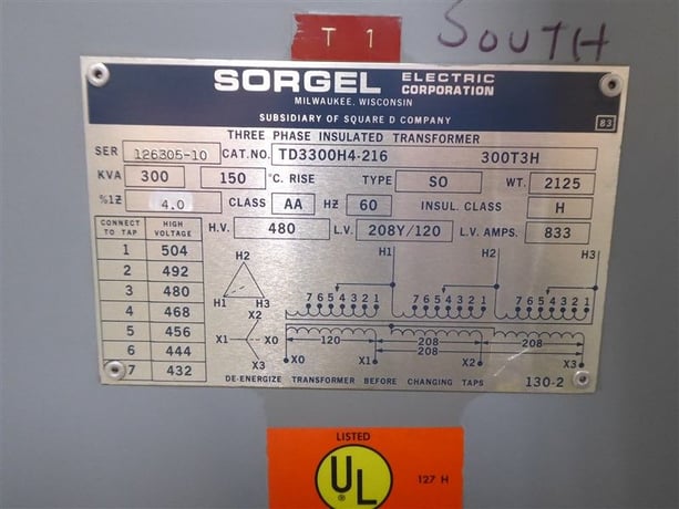 300 KVA 480 Primary, 208Y/120 Secondary, Sorgel 300T3H, dry type transformer - Image 2