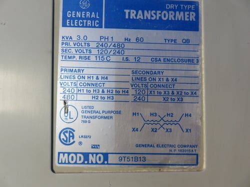 3 KVA 240/480 Primary, 120/240 Secondary, General Electric 9T51B13 type QB, 1 phase transformer, dry type, 1 - Image 9