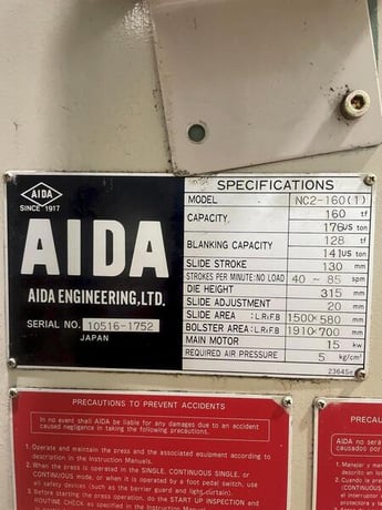 160 Ton, Aida #NC2-160(1), double crank gap press, 5.12" stroke, 18.4" Shut Height, 3.9" adj., 40-85 VSPM - Image 7