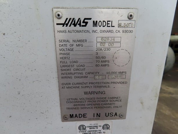 Haas #SL-30TB, CNC Turning Center, 30" swing, 15" chuck, 4" bar, 39" centers, S/n: 62834, 2000 - Image 7