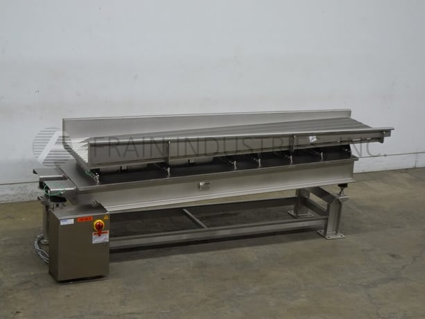 25" wide x 9.8' long, Smalley #EMC2+, Stainless Steel, trough style vibratory feed conveyor with (12) product - Image 1