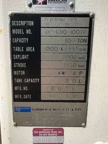 100 Ton, Sanki #SPD1310-100TD, hydraulic spotting press, 38.4" stroke, 41.2" DL, 10 HP, 51" x39" bed, 1993 - Image 5