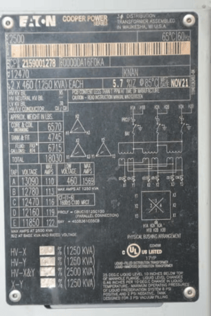 2500 KVA 12470 Primary, 2x460 Delta Secondary, Eaton Cooper Power Series substation transformer, 0 hours - Image 9