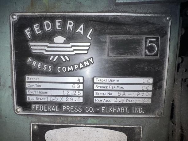 60 Ton, Federal #5, single crank flywheel OBI press, 4" stroke, 12.25" Shut Height, 2.5"adj., 10" throat, 90 - Image 6