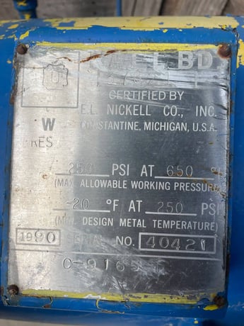 30 Gallons, E.L. Nickell Co., Horizontal Ammonia Oil Tank, 14" diameter x 34" L, 250 PSI @ 650 F, 1990 - Image 10
