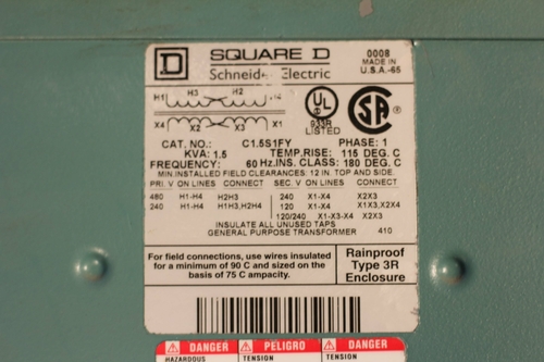 1.5 KVA 240x480 Primary, 120/240 Secondary, Square D, C1.5S1FY 3R transformer, 1 phase, 1 yr warranty - Image 4