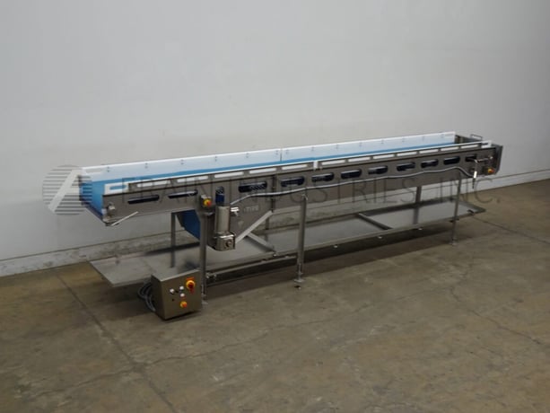 24" wide x 9.2' long, Two Rivers Enterprises, belt conveyor, 45" infeed/discharge height, 6" H UHMW product - Image 1