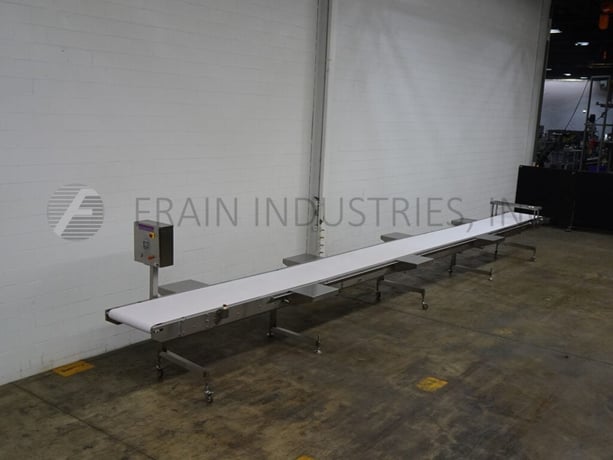 30" wide x 39.6' long, Unifiller, Stainless Steel frame belt conveyor, 40"-45" infeed/discharge range - Image 1