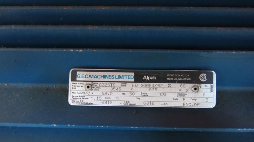 60 HP 3545 RPM GEC, Frame C326TS, induction motor mounted on frame, 575 Volts - Image 9