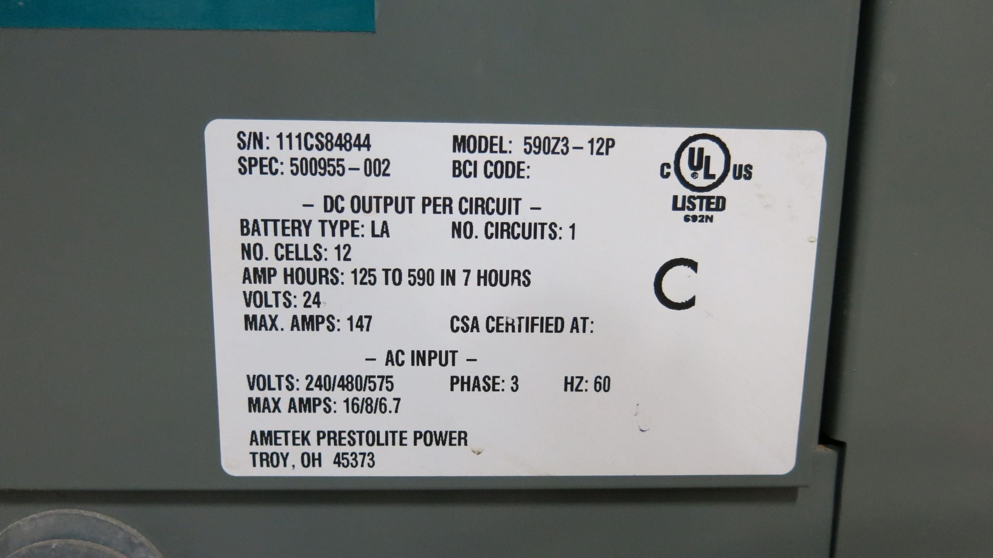 Ametek Powerstar Plus #590Z3-129, automatic battery charger, serial #111CS844844 - Image 4