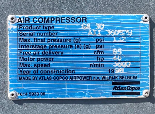 185 cfm, 125 psi, Atlas Copco #GA-30, 40 HP, air cooled, 460 V. - Image 4