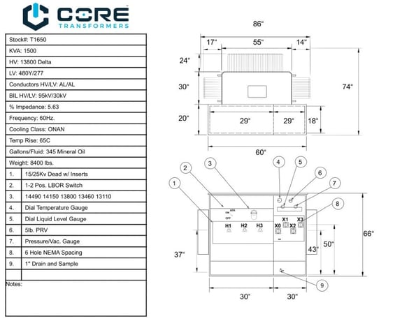 1500 KVA 13800 Delta Primary, 480Y/277 Secondary, Recon - Image 1