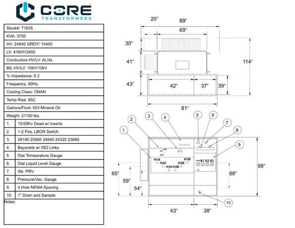 3750 KVA 24940GrdY/14400 Primary, 4160Y/2400 Secondary, PAD, Recon (4 available) - Image 4