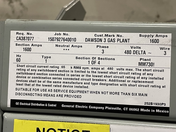 1600 Amps, General Electric #Spectra-Series, switchboard 480 Volts 3 phase 3 wire, new surplus - Image 9