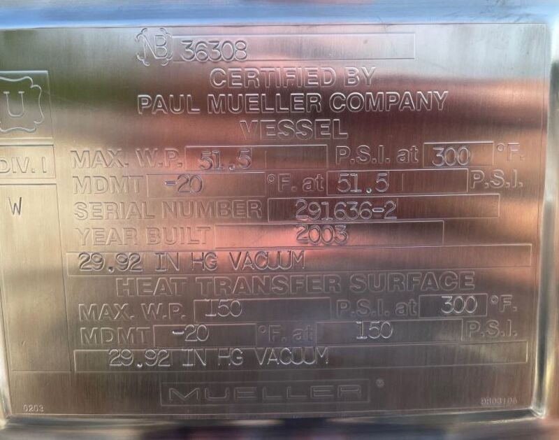660 gallon Mueller, Stainless Steel Reactor, 70" diameter, 51 psig shell, 150 psig jacket, 300 F - Image 6
