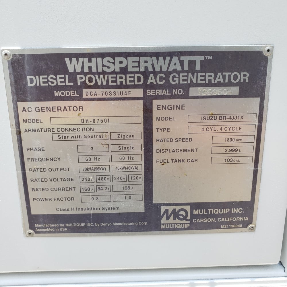56 KW Multiquip #DCA70SSIU4f, diesel, sound attenuated enclosure, 240/480 Volts, 11881 hours, 2012 - Image 10