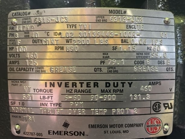 100 HP 900 RPM U.S. Motors, Frame 447VP, TEFC BB, 460 Volts, new surplus, (2 available) - Image 6
