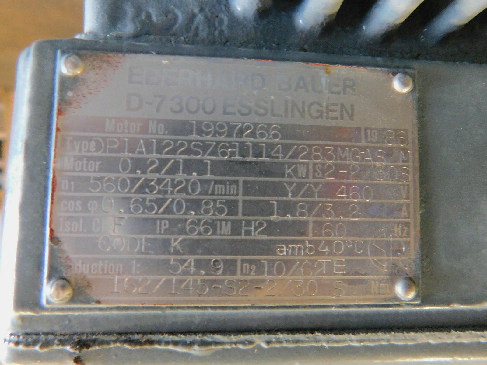 560/3420 RPM, Eberhard Bauer #1997266, Gear Reducer w/Motor, 460 Volts, 54.90:1 Ratio, 2" dia. shaft, Rebuilt - Image 3