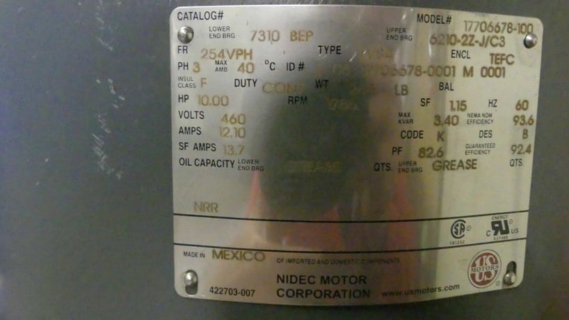 10 HP 1785 RPM U.S. Motors Nidec, Frame 254VPH, Vertical Motor, TEFC, 460 Volts, 1.15 S.F., 3 phase, NEW - Image 7