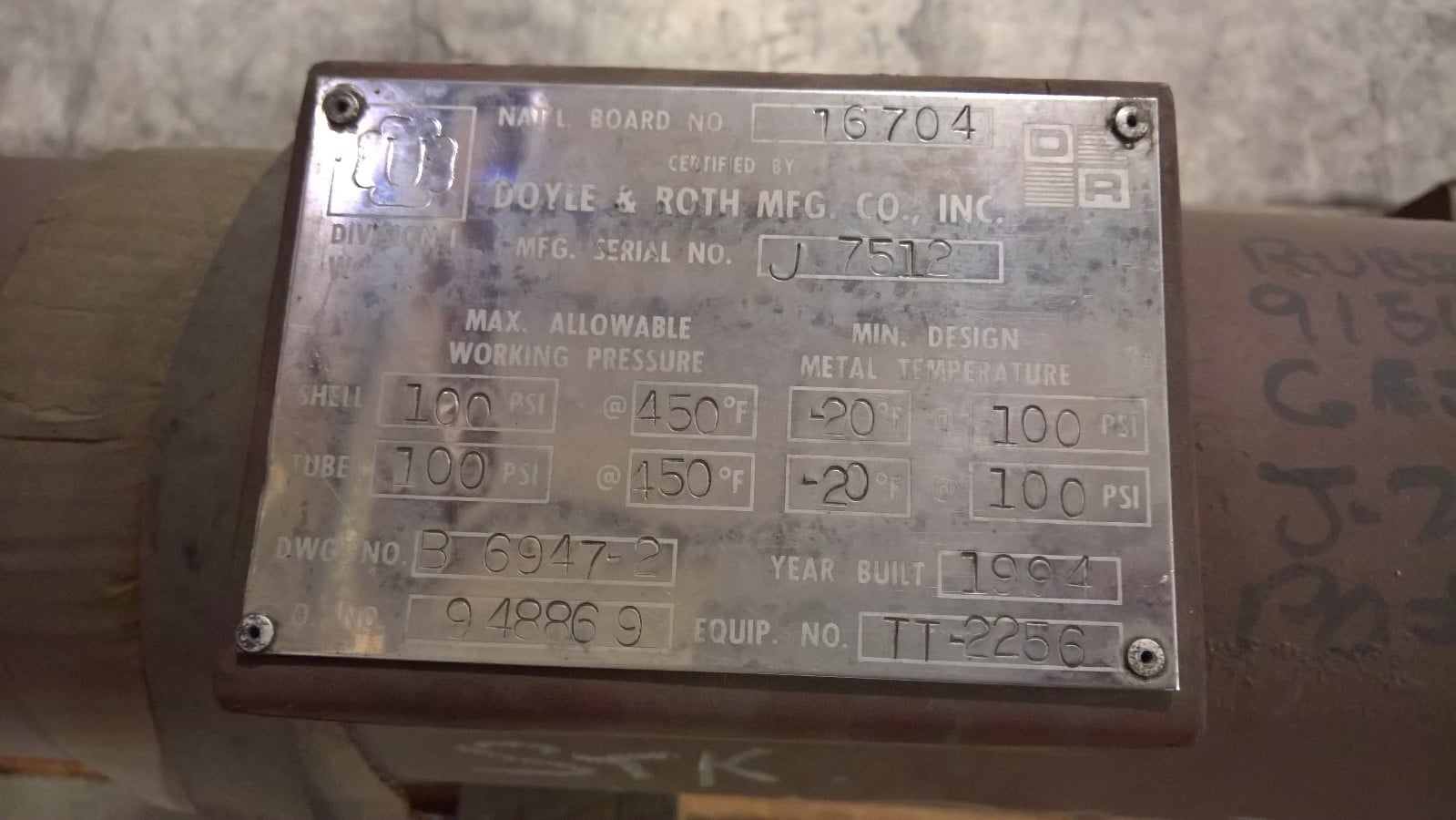 100 psi shell, 100 psi tube, Doyle & Roth, Heat Exchanger, 1994, NEW - Image 5
