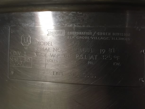 60 gallon Groen #DL-60, Tri-Leg direct tilting steam kettle - Image 7