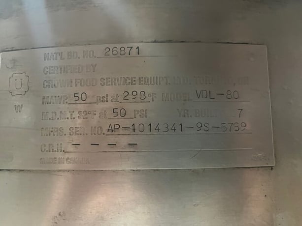 80 gallon Crown #KDL-80, stationary direct steam kettle, 2" tangent draw off valve - Image 5