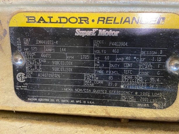 125 HP 1725 RPM Baldor-Reliance, Frame EM4410TS-4, TEFC, 144 amp, cont duty, 460 Volts, new - Image 2