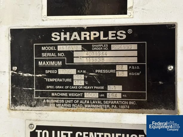 Sharples #AS16VB, Vaporite Super Centrifuge, Stainless Steel, 17000 RPM, 22 psig @ 255 F, 1.1 SG - Image 2