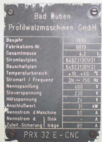 1.25" x 11.8" Bad Duben #PRX32E-CNC, 2 die cylindrical thread roller, 1996 - Image 6