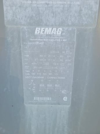 22.5 KVA 600 V to 480 V, Bemag UA3022S480, Dry Type transformers, new (3 available) - Image 2