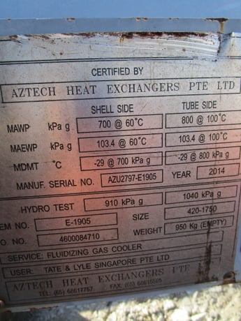 258 sq.ft., 101 psi shell, Aztech Heat Exchanger, FV / 116 psi @ 212 deg. F. Stainless Steel tube - Image 3
